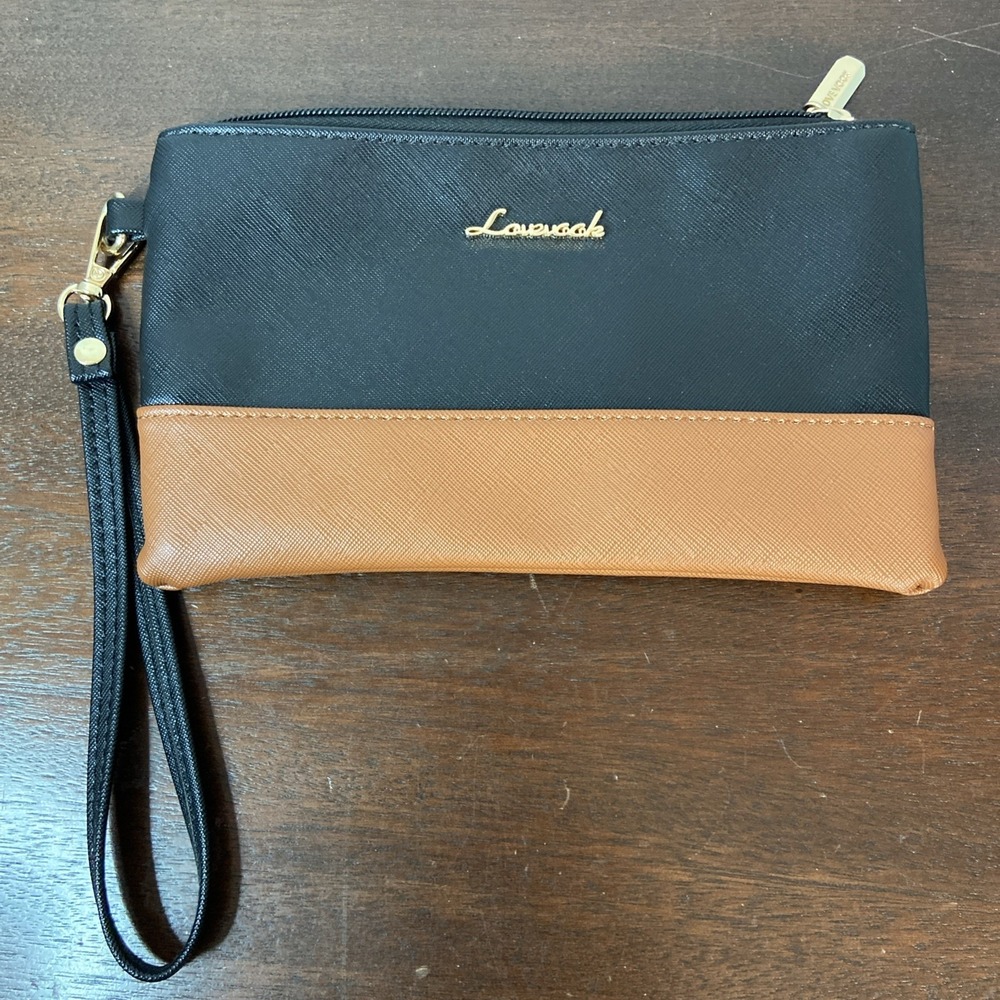 LOVEVOOK Wristlet‎ 8.75" x 5.25" Black Brown Vegan Leather Purse Pouch Bag